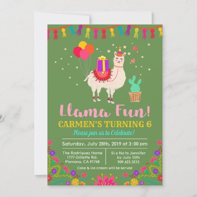 INVITACIÓN DE CUMPLEAÑOS DE LLAMA - CUALQUIER COLO (Anverso)