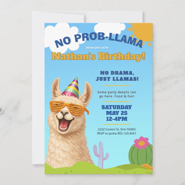 Invitación de cumpleaños de Llama, No Prob-Llama (Anverso)