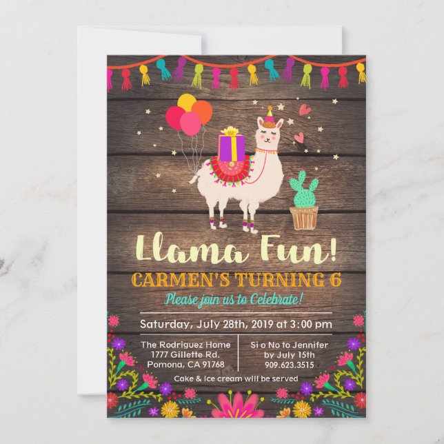 INVITACIÓN DE CUMPLEAÑOS DE LLAMA PARA CUALQUIER E (Anverso)