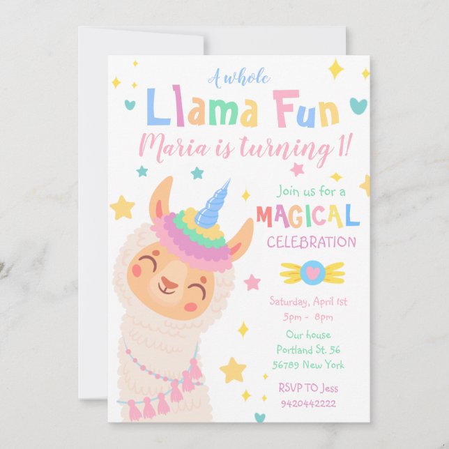 Invitación de cumpleaños de Llama Unicornio Fiesta (Anverso)