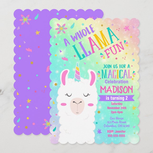 Invitación de cumpleaños de Llama Unicornio Fiesta (Anverso / Reverso)