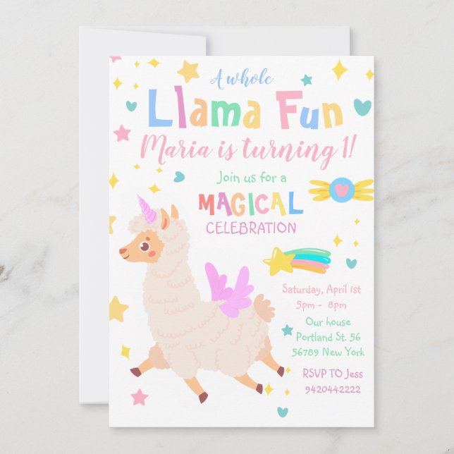 Invitación de cumpleaños de Llamacorn Magical Unic (Anverso)