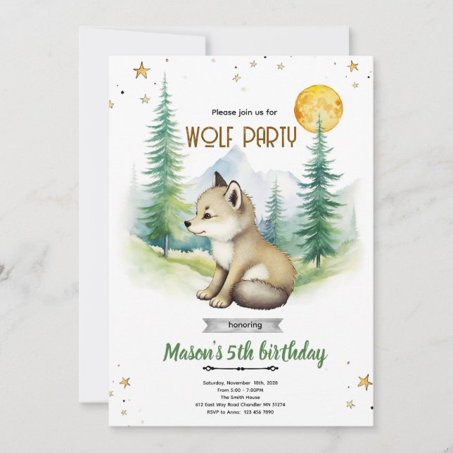 invitación de cumpleaños de lobo (Anverso)