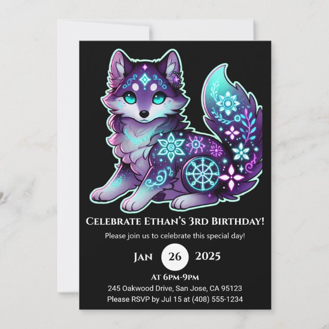 Invitación de cumpleaños de Lobo Espíritu Starlit (Anverso)