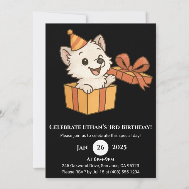 Invitación de cumpleaños de lobo juguetón en caja  (Anverso)