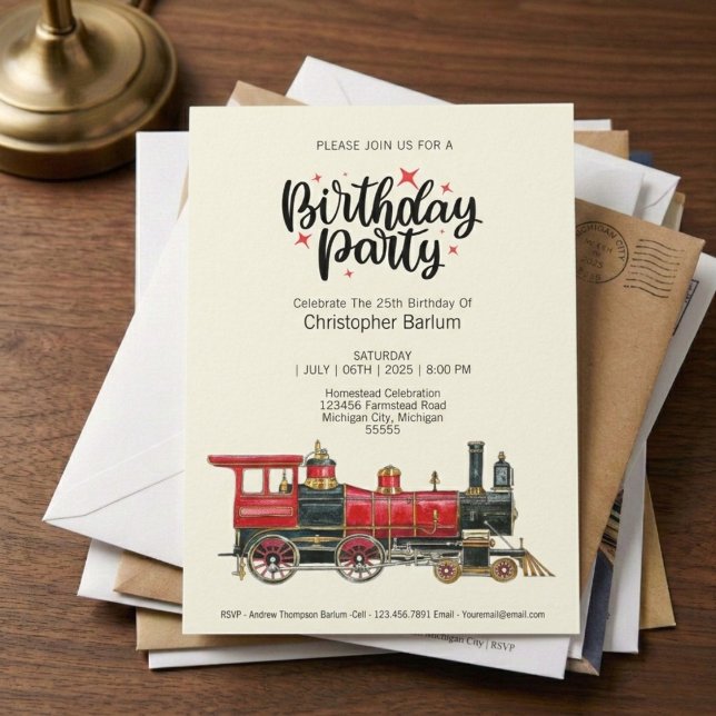 Invitación de cumpleaños de locomotora de vapor cl (All aboard for a great birthday bash.)