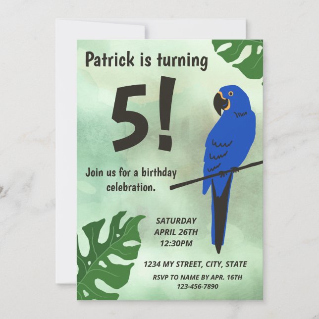 Invitación de cumpleaños de loros (Anverso)