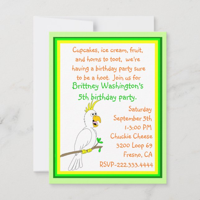 Invitación de cumpleaños de loros (Anverso)