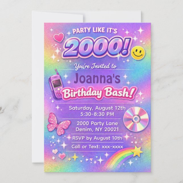 Invitación de cumpleaños de los 2000's Fiesta Y2K (Anverso)