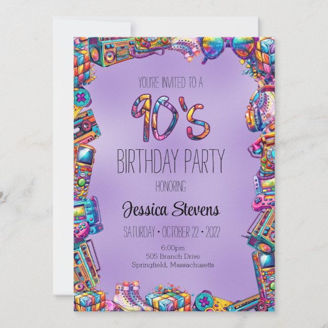 Invitación de cumpleaños de los 90 (Anverso)