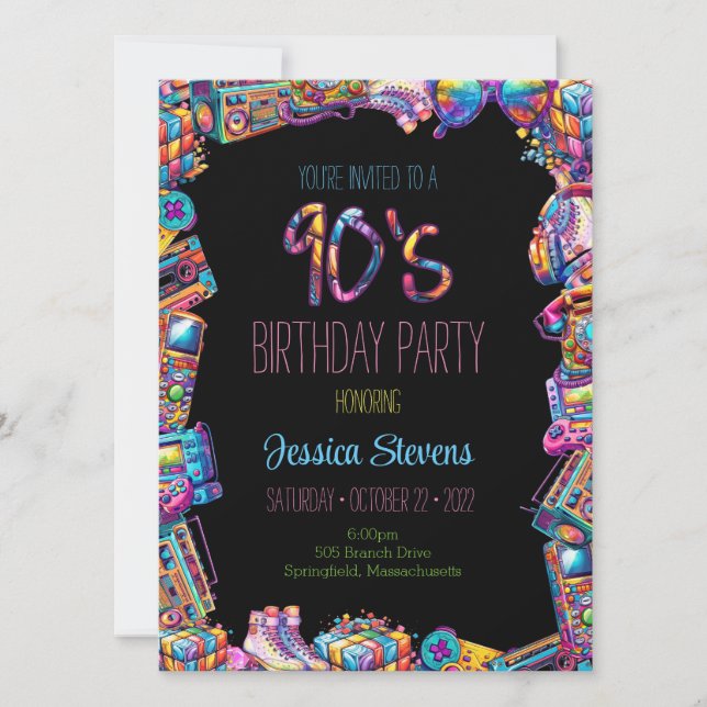 Invitación de cumpleaños de los 90 (Anverso)