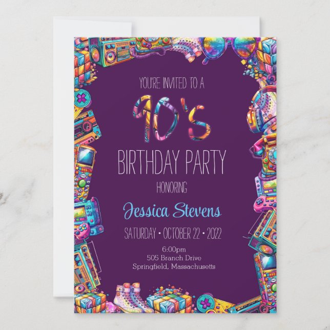 Invitación de cumpleaños de los 90 (Anverso)
