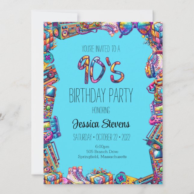 Invitación de cumpleaños de los 90 (Anverso)