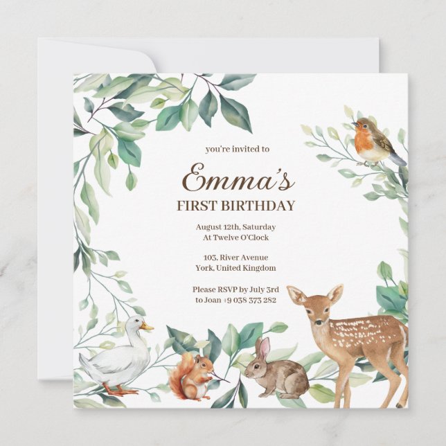 Invitación de cumpleaños de los animales del bosqu (Anverso)