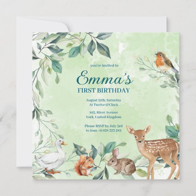 Invitación de cumpleaños de los animales del bosqu (Anverso)
