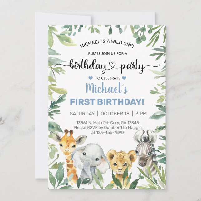 Invitación de cumpleaños de los animales Safari, c (Anverso)