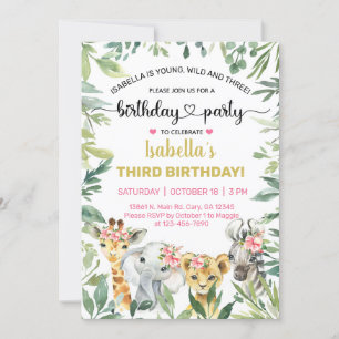 Invitación de cumpleaños de los animales safari, c