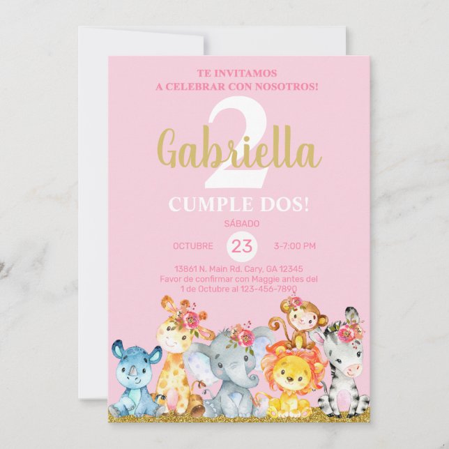 Invitación de cumpleaños de los animales safari, c (Anverso)