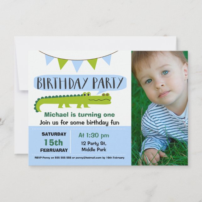 Invitación de cumpleaños de los chicos con un laga (Anverso)