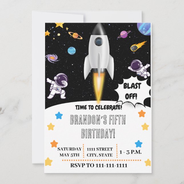 Invitación de cumpleaños de los chicos espaciales (Anverso)