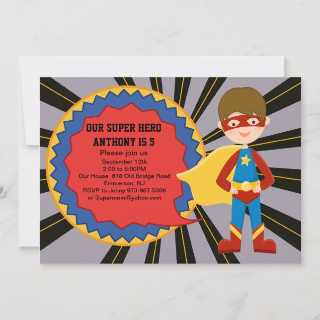 Invitación de cumpleaños de los chicos Super Hero (Anverso)
