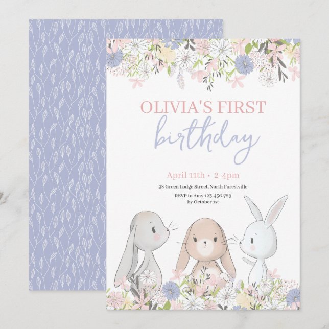 Invitación de cumpleaños de los conejitos (Anverso / Reverso)