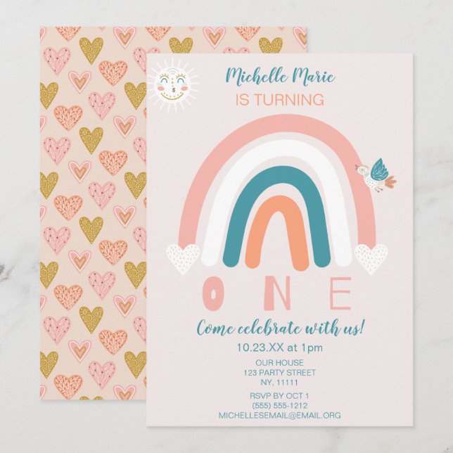 Invitación de cumpleaños de los corazones arcoiris (Anverso / Reverso)