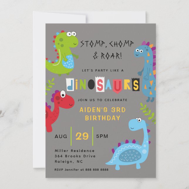 Invitación de cumpleaños de los dinosaurios alegre (Anverso)
