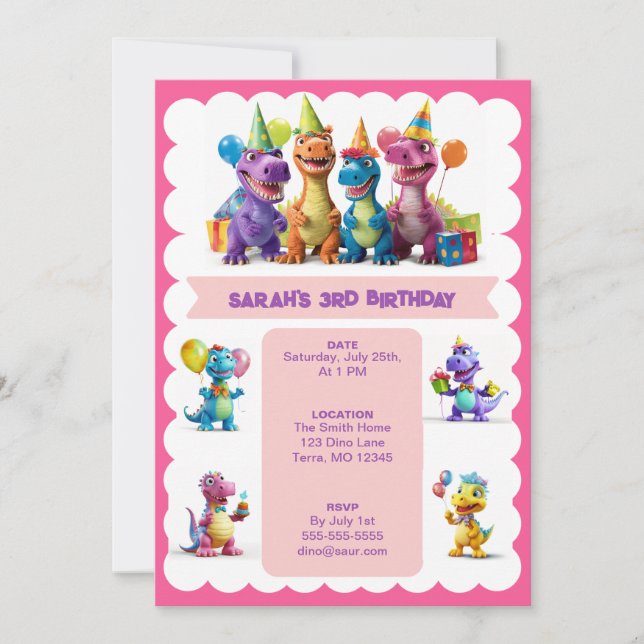 Invitación de cumpleaños de los dinosaurios felice (Anverso)