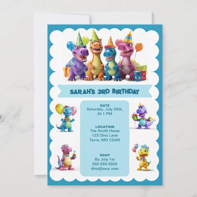 Invitación de cumpleaños de los dinosaurios felice (Anverso)