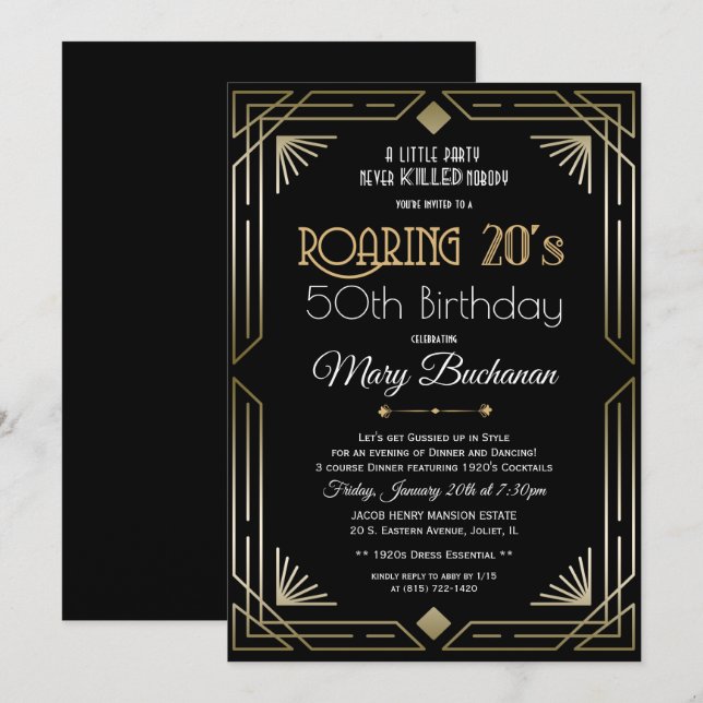 Invitación de cumpleaños de los locos años 20 (Anverso / Reverso)