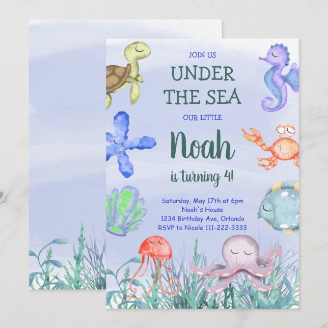Invitación de cumpleaños de los niños con acuarela (Anverso / Reverso)