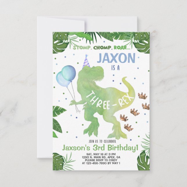 Invitación de cumpleaños de los niños de Dinosaur, (Anverso)