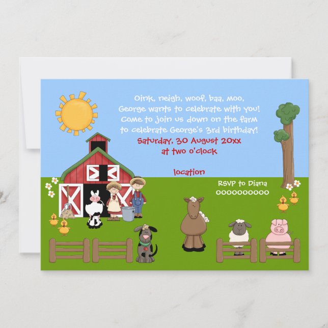 Invitación de cumpleaños de los niños de granja (Anverso)