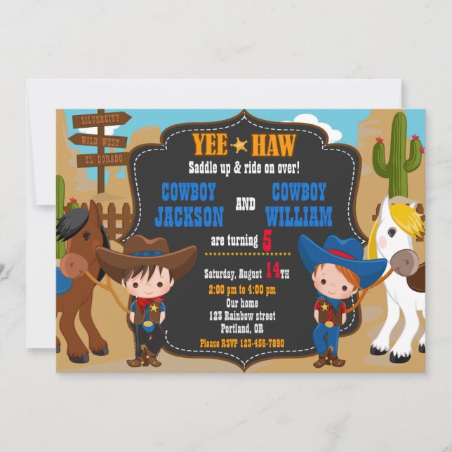 Invitación de cumpleaños de los niños gemelos Cowb (Anverso)