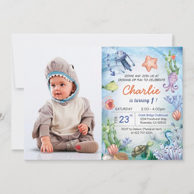 Invitación de cumpleaños de los tiburones bebés (Anverso)