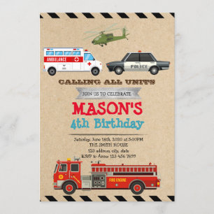 Invitación de cumpleaños de los vehículos de emerg