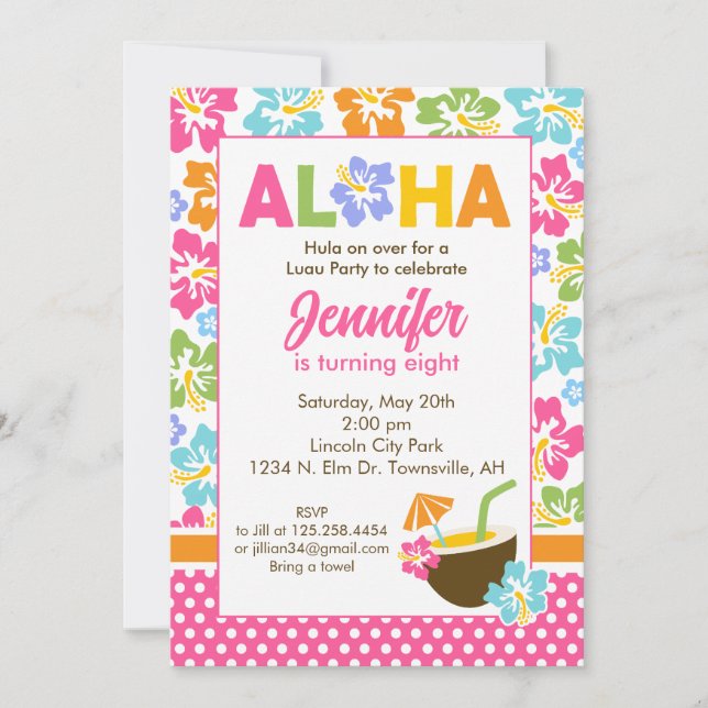 Invitación de cumpleaños de Luau (Anverso)