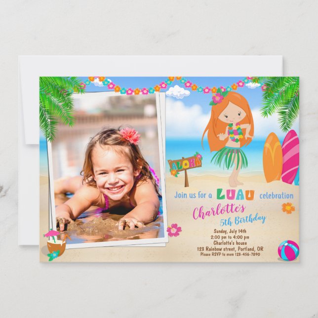 Invitación de cumpleaños de Luau a la playa de chi (Anverso)