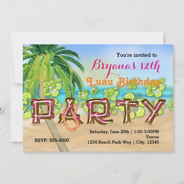 Invitación de cumpleaños de Luau Beach FIESTA Typo (Anverso)