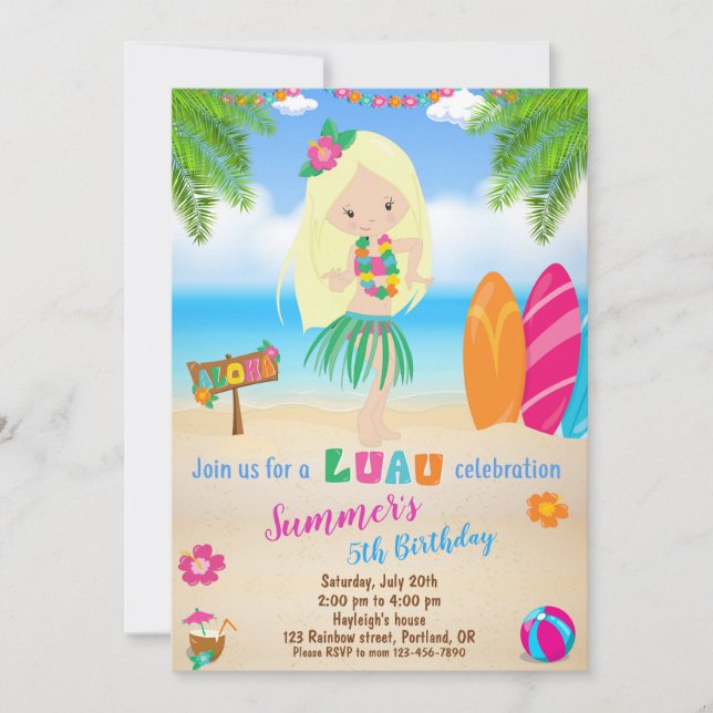 Invitación de cumpleaños de Luau chica de invitaci (Anverso)