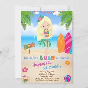 Invitación de cumpleaños de Luau chica de invitaci