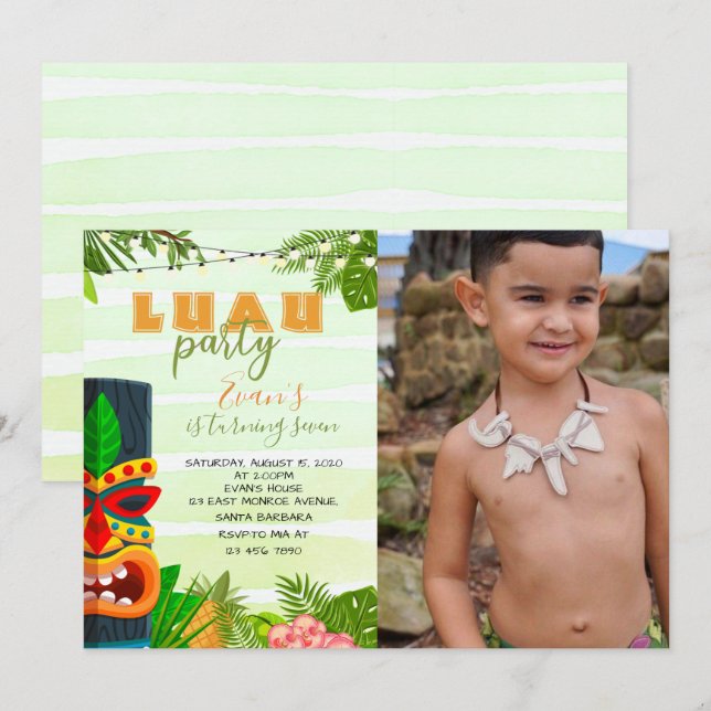 Invitación de cumpleaños de Luau con foto (Anverso / Reverso)