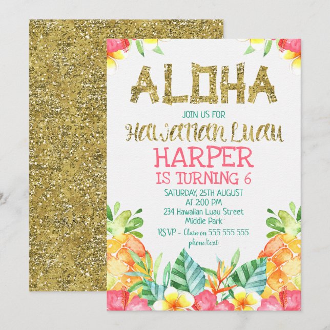 Invitación de cumpleaños de Luau, de origen hawaia (Anverso / Reverso)