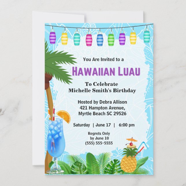 Invitación de cumpleaños de Luau en Hawái (Anverso)