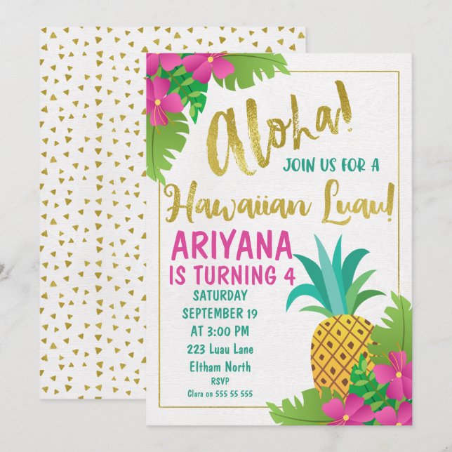 Invitación de cumpleaños de Luau en Hawái (Anverso / Reverso)