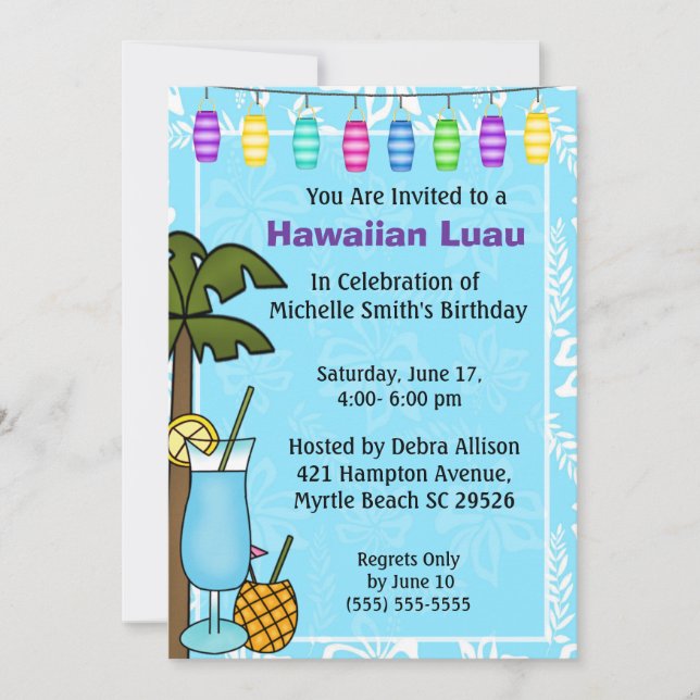 Invitación de cumpleaños de Luau en Hawái (Anverso)