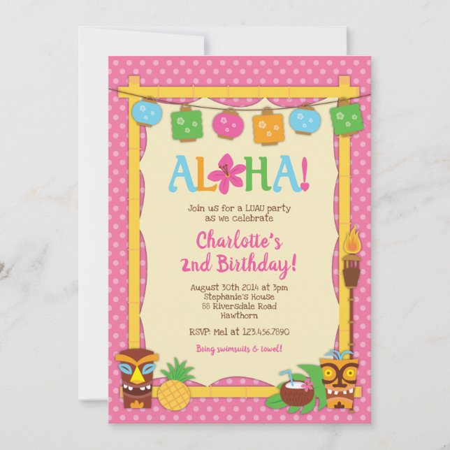 Invitación de cumpleaños de Luau, fiesta de cumple (Anverso)