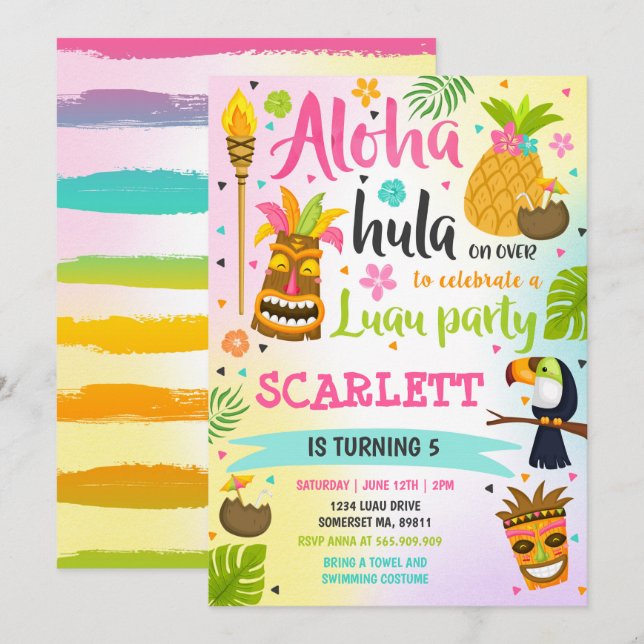 Invitación de cumpleaños de Luau Fiesta Luau de Ha (Anverso / Reverso)