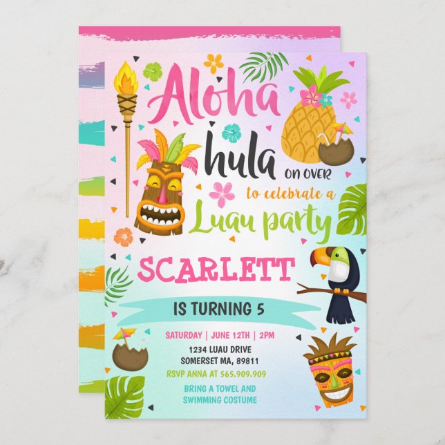 Invitación de cumpleaños de Luau Fiesta Luau de Ha (Anverso / Reverso)